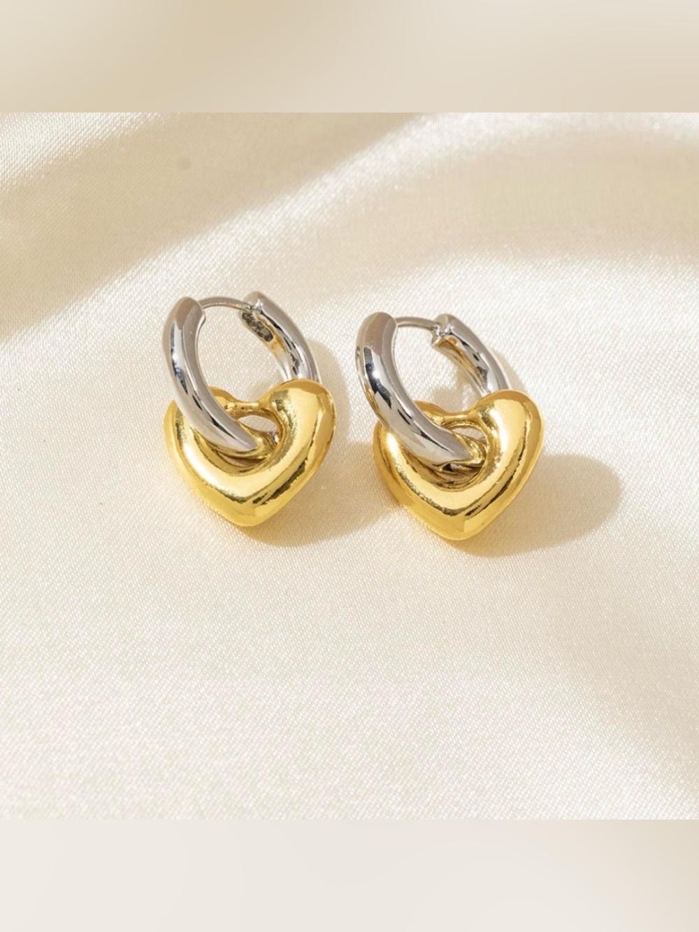 Gold and Silver Two-Tone Gold Heart Charm Huggie Hoop Earrings